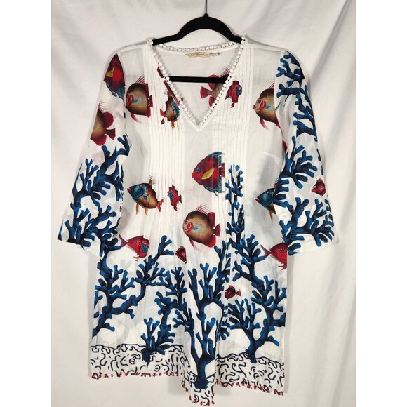 Soft Surroundings Womens Tunic Top Fish Coral Beads Cotton Kitschy Beach US/XS - Picture 1 of 5